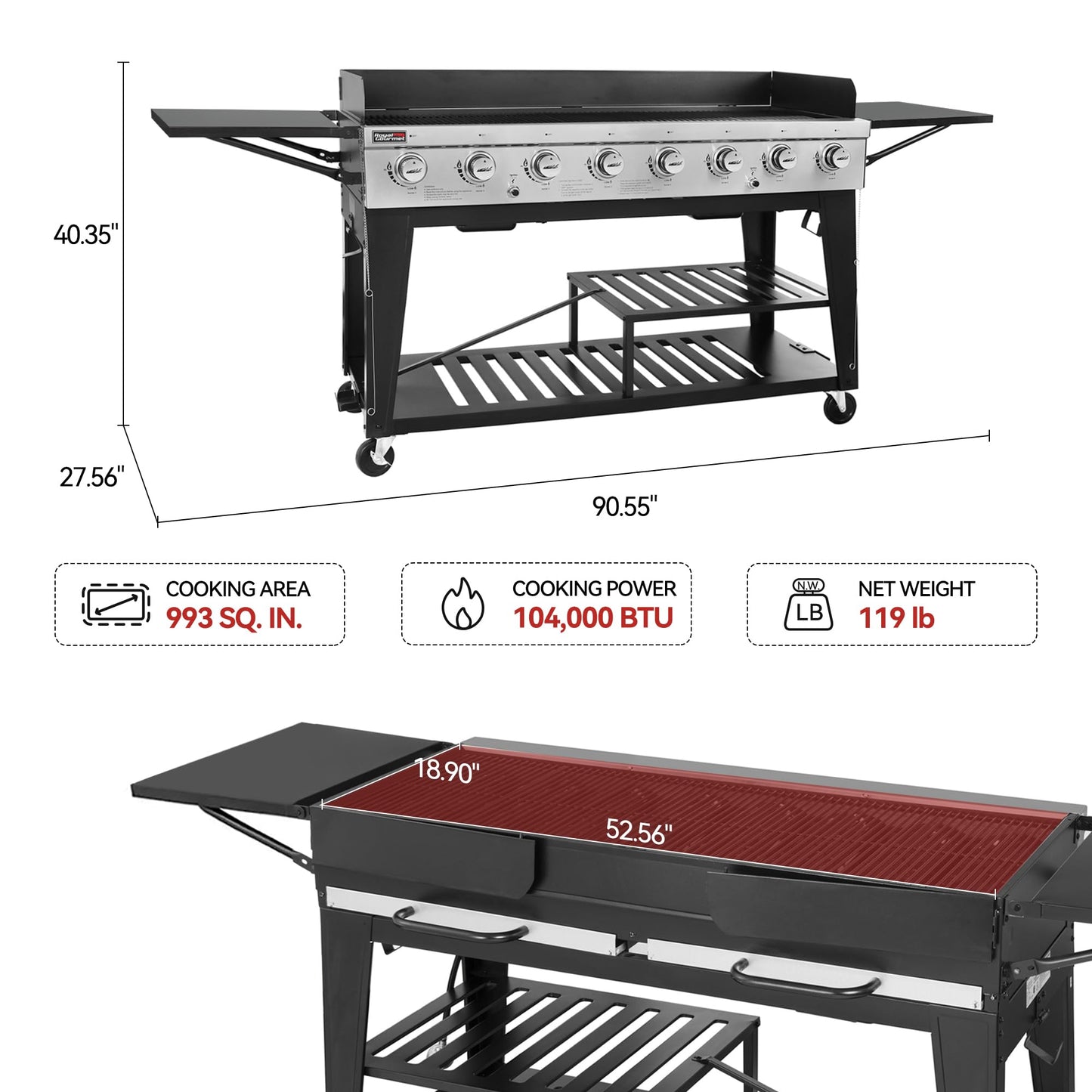 Royal Gourmet 8-Burner Gas Grill, 104,000 BTU Liquid Propane Grill, Independently Controlled Dual Systems, Outdoor Party or Backyard BBQ, Black