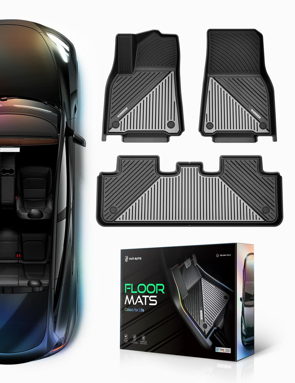 YHTAUTO Upgrade Obsidian Black Car Floor Mats Fit Tesla Model Y 2020-2024 2025 2026 Juniper TPE Dual-Tone All Weather Car Mats, Custom Fit Model Y Acessories, Anti-Slip, Easy to Clean, Odorless Liners