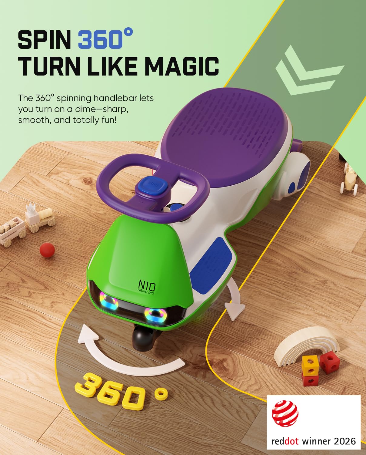 FanttikRide N10 Pro Electric Wiggle Car, USB-C Fast Charging, One-Click Detachable Mop, RGB Eye Lights, Flashing Wheels, Bluetooth, Anti-Rollover, GlideWiz, Ride on Toys for Ages 3+, 150 Lbs, Green