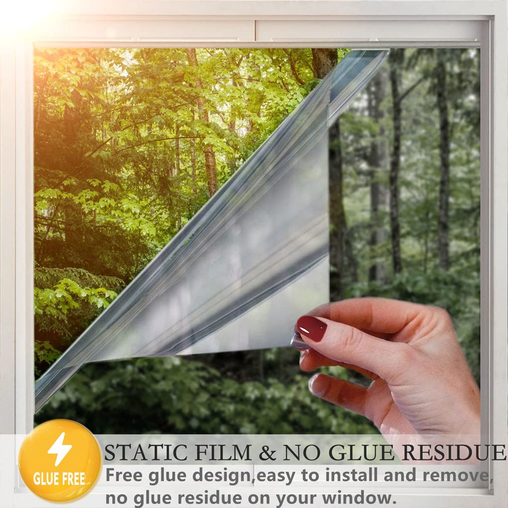 Arthome One Way Window Film Daytime Privacy Window Tint for Home UV Blocking Mirror Film Non-Adhesive Static Cling Heat Control Reflective Glass Film for Home and Office, Silver, 35.4 Inch x 32.8 Feet