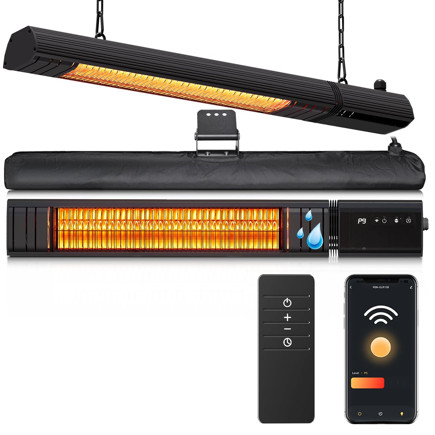 Ceiling Electric Outdoor Heater Wifi Control Wall-Mounted Hanging Patio 1500W Infrared 9 Heat Levels, 24H Timers, Carbon Fiber Tube Heating Wall Heater for Gazebo, Balcony