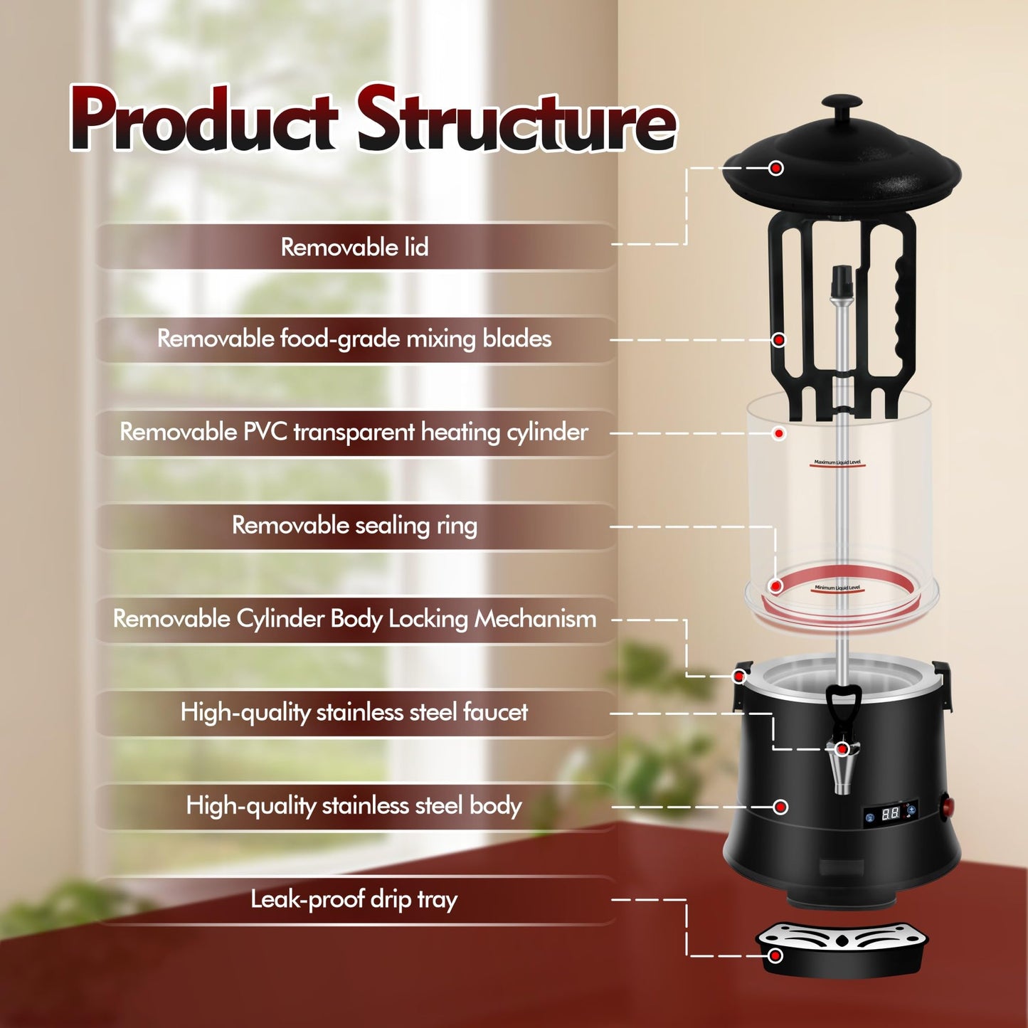 Commercial Hot Chocolate Machine - 10L/2.6Gal Hot Chocolate Maker, Electric Hot Drink Dispenser, 86-194°F Temperature Control Hot Beverage Maker for Cocoa, Milk, Coffee, Juice - Black