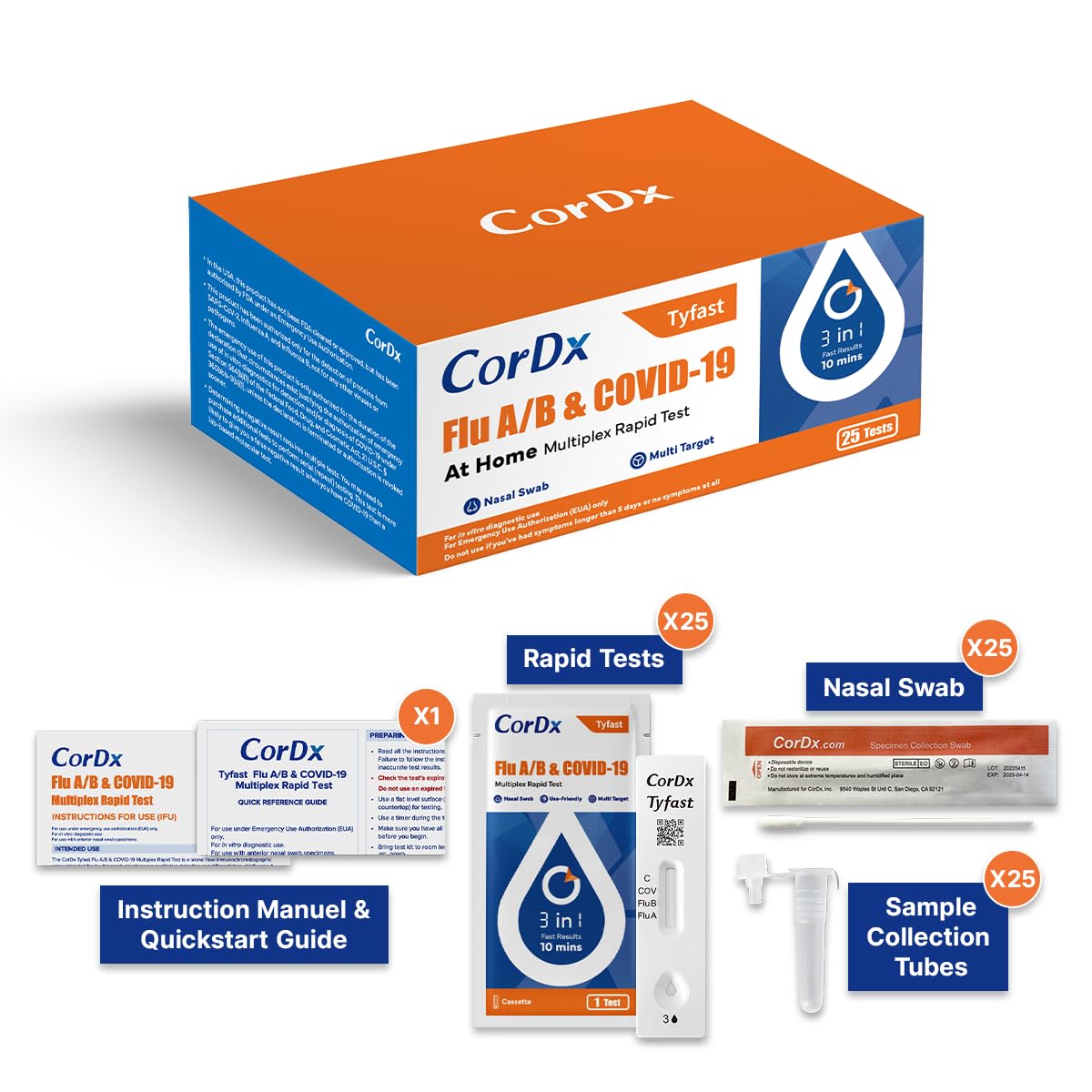 CorDx TyFast at Home Flu A/B & COVID-19 Multiplex Rapid Test Kit, Easy, Accurate, Fast Results in 10 Minutes, 3 in 1 Combo Kit, 25 Tests