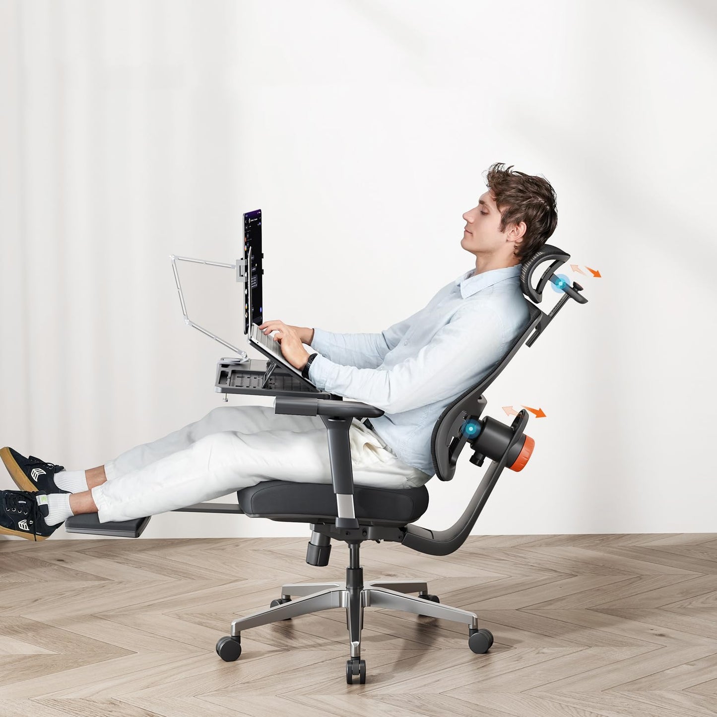 Newtral Ergonomic Home Office Chair-Office Desk Chair with Footrest, Auto-Following Backrest & Headrest, 4D Armrests, 96°-136° Recline (Black, with Laptop Table)