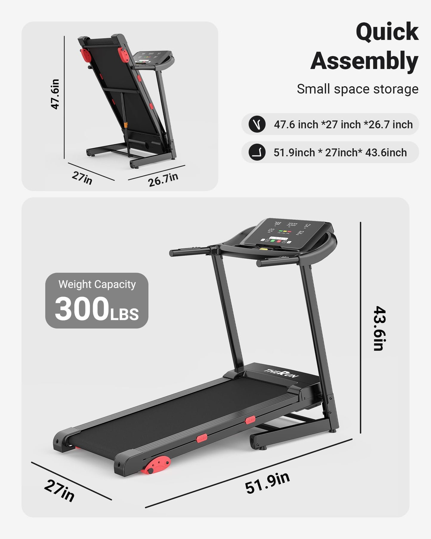 THERUN Incline Treadmill 18" LED Screen & 16.5‘’ Wide Belt, Running Treadmill 2 Layers Shock-Absorbing, Foldable for Indoor Fitness Workouts