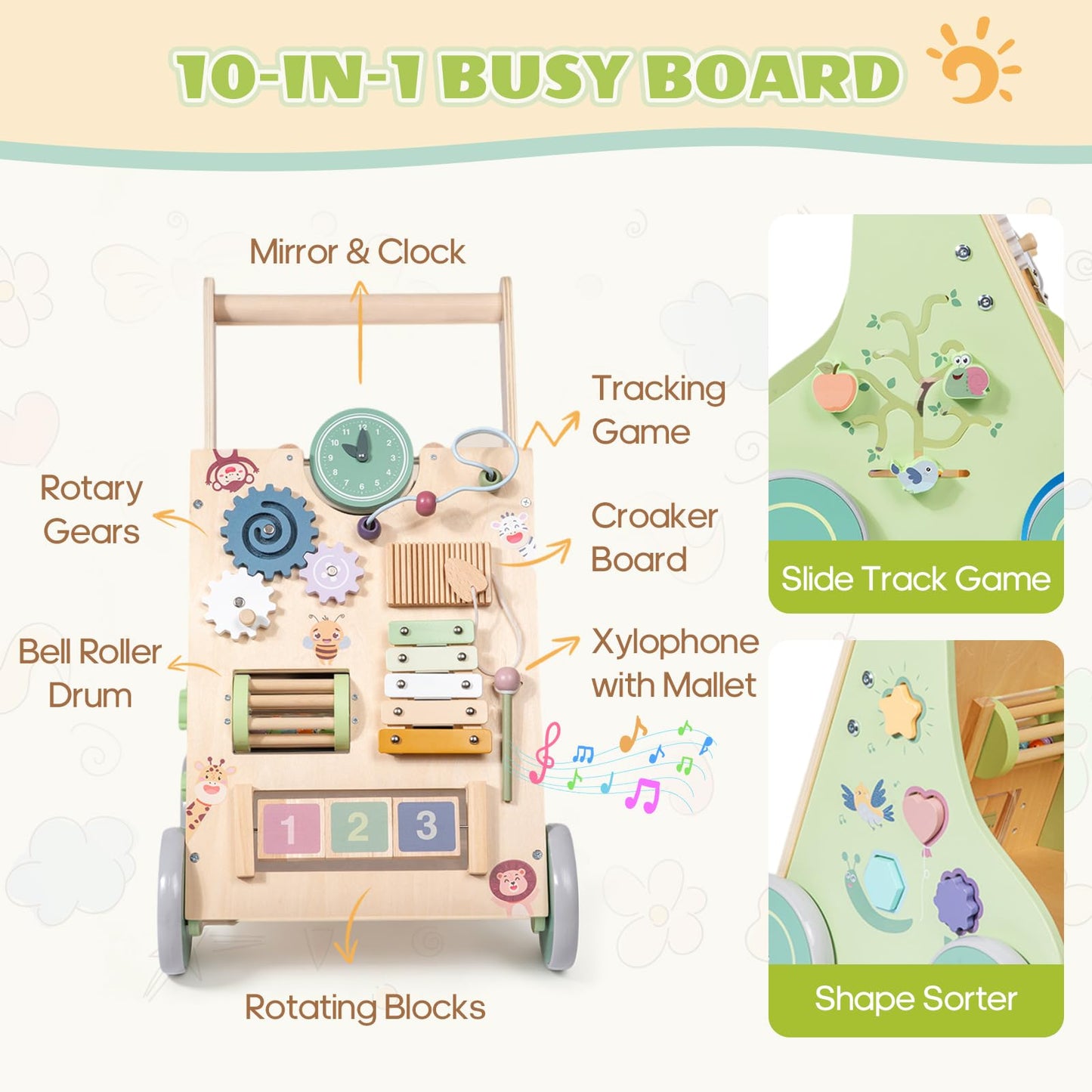 Brownroot Wooden Baby Walker with 10-in-1 Activity Center, Montessori Toddler Push Toy with Xylophone, Shape Sorter & Gears, Early Educational Learning Toy for 1+ Year Old Boys & Girls