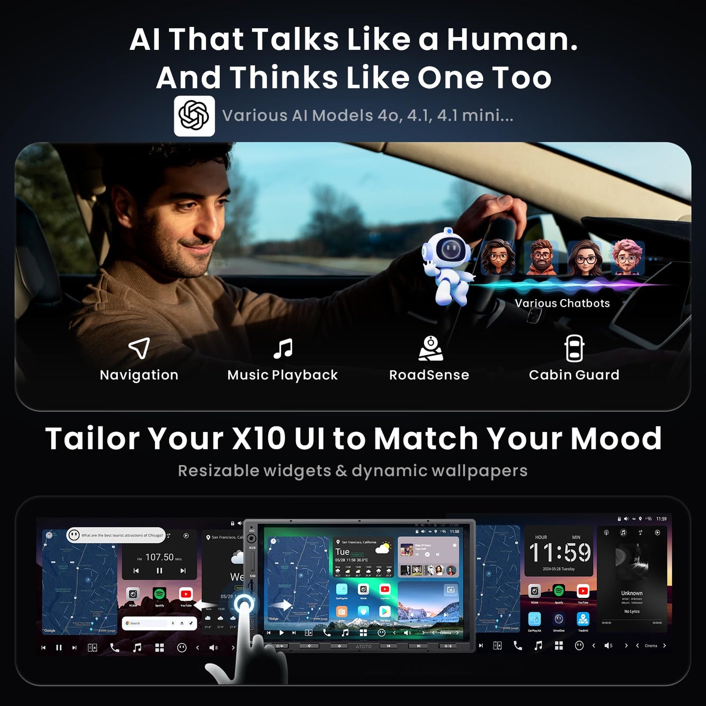 ATOTOZONE X10 7" Double-DIN Android Car Stereo, 8G+128G in-Dash Nav, Backup Cam w Recording, AI Agent & AI Vision, Re-Mote LiveView, 4G LTE, 7.1.2-Ch Audio, HDMI in, Wireless CarPlay/Android Auto