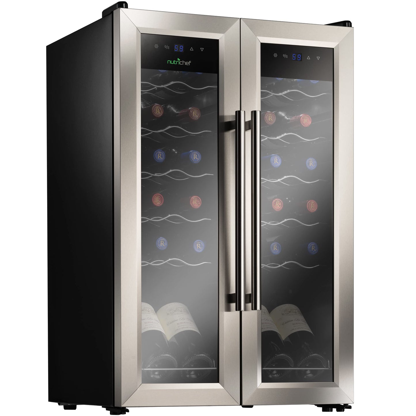 NutriChef 24-Bottle Wine Fridge – Dual Zone Cooler for Red & White Wines, 41°F–64°F Temp Control, Ultra-Quiet, Fits Home, Office, or Kitchen Counters – 31x19x20 in.