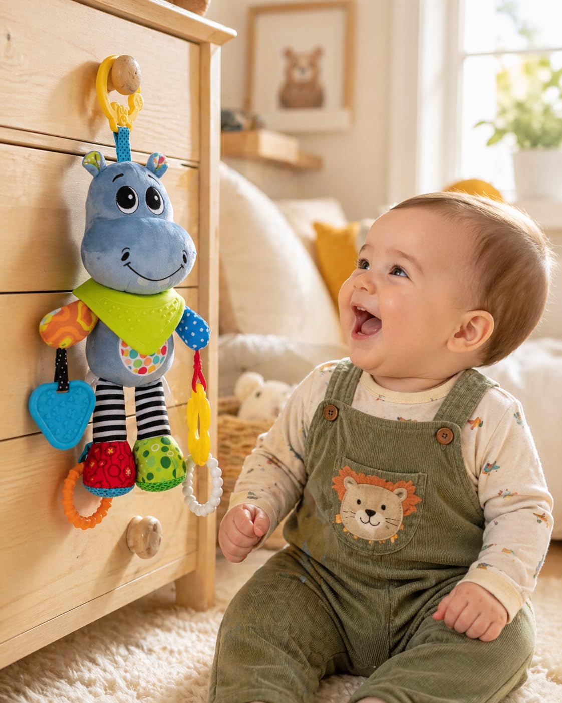 Balibazoo Hippo Hanging Baby Activity Toy – Soft Plush Sensory Toy with 3 BPA-Free Silicone Teethers, Crinkle Ears & Hidden Bell | Clip for Stroller and Car Seat | Developmental Toy 0-24M | Gift
