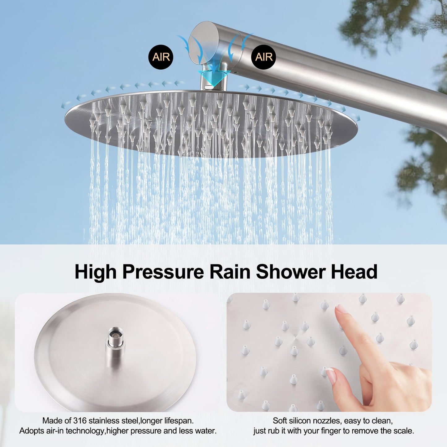 RBROHANT Freestanding Outdoor Shower, 316 Marine Grade Stainless Steel Beach Shower, Free Standing Hot and Cold Water Pool Shower with 10’’ Rain Shower Head and Handheld, Brushed Nickel, Floor Mounted