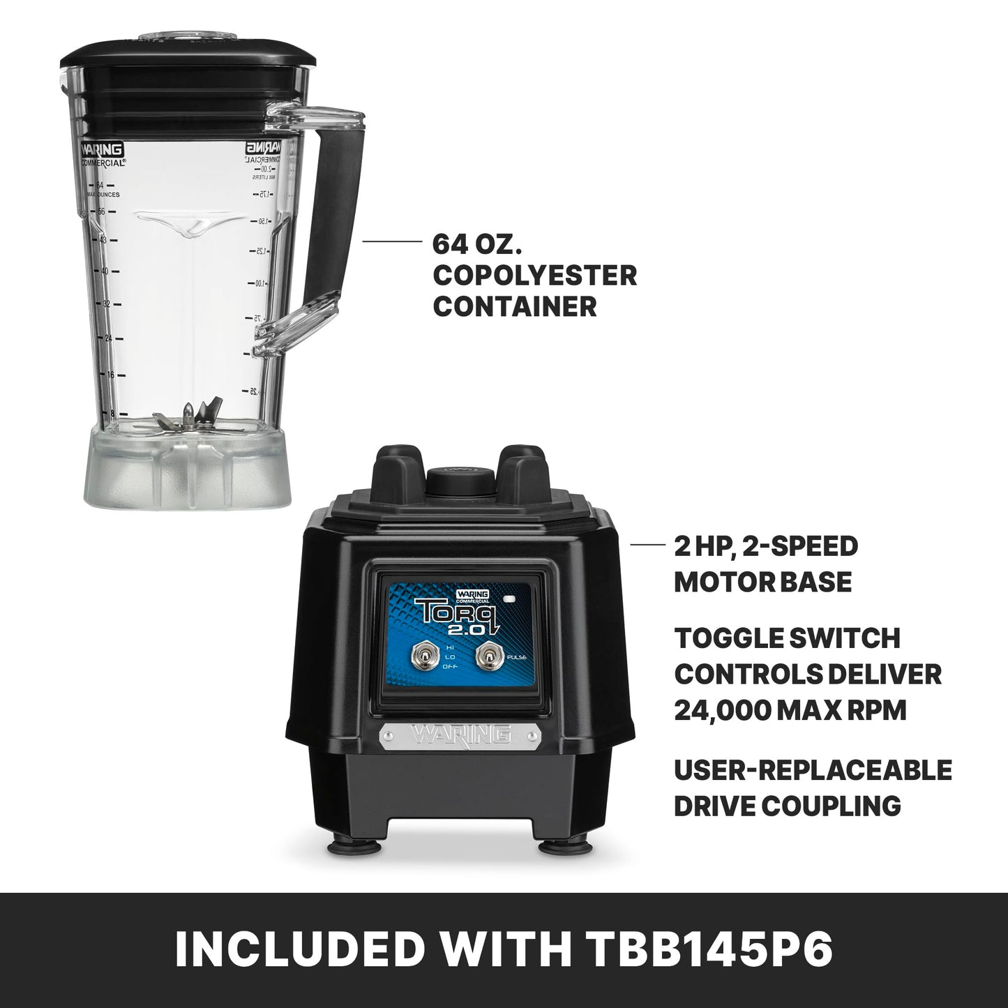 Waring Commercial TBB145P6 TORQ 2 Horsepower Blender, 2 speed Toggle Switch Controls, with 64 oz. BPA Free Container, 120V, 5-15 Phase Plug, Black