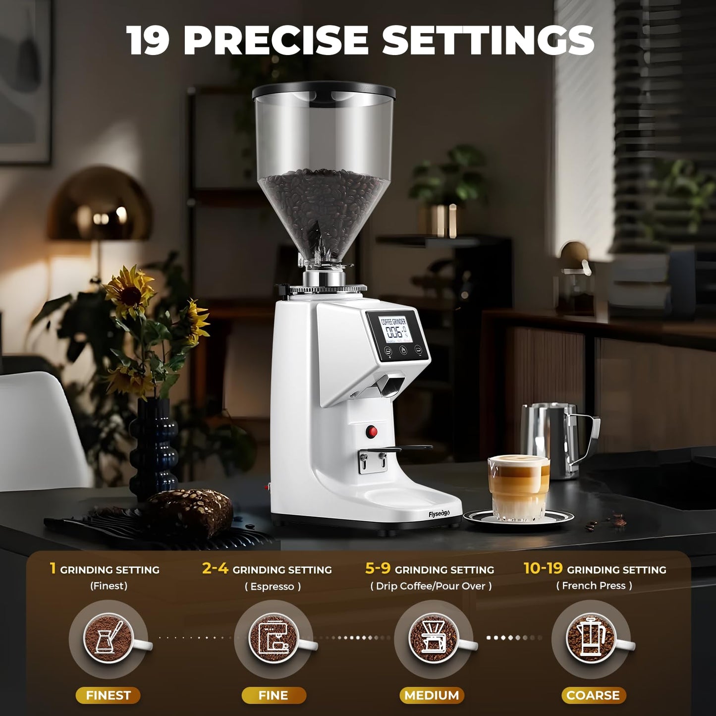 Flyseago Coffee Grinder with Flat Burr, 19 Grind Settings and Digital Timer Display, Commercial Coffee Grinder with Large 35oz Hopper