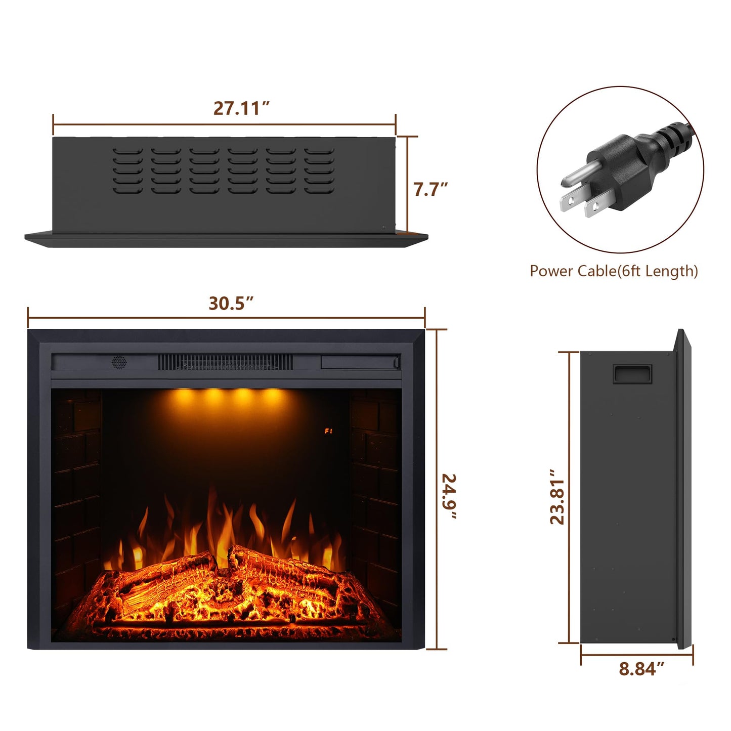 Valuxhome Recessed Electric Fireplace, 30 Inches Electric Fireplace Insert, Fireplace Heater with Overheating Protection, Fire Crackling Sound, Remote Control, 750/1500W, Black