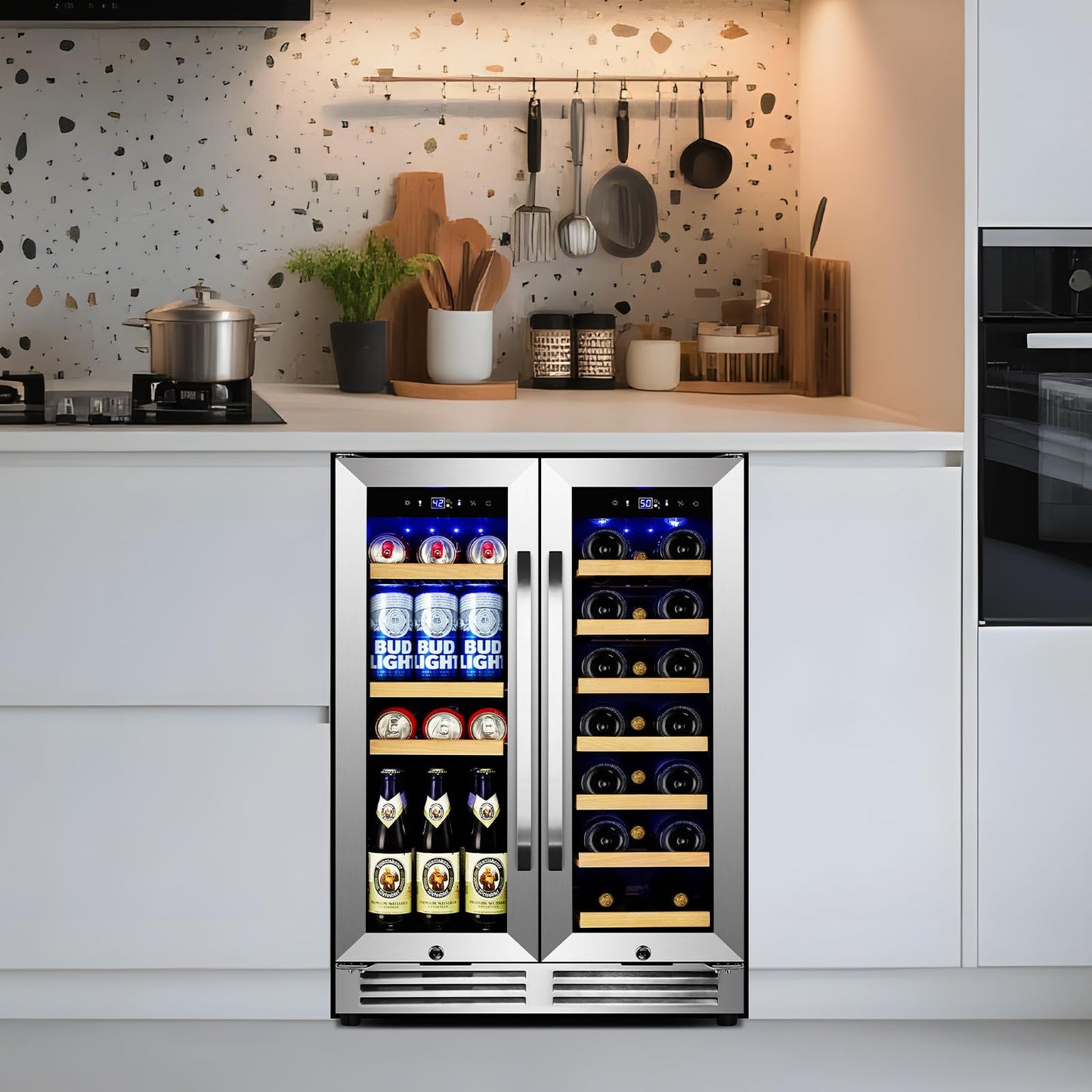 Velieta 24 Inch Upgraded Wine and Beverage Refrigerator– Dual Zone Beverage Cooler with Glass Door | Under Counter or Freestanding | Large Capacity, Advanced Cooling System & Carbon Purification