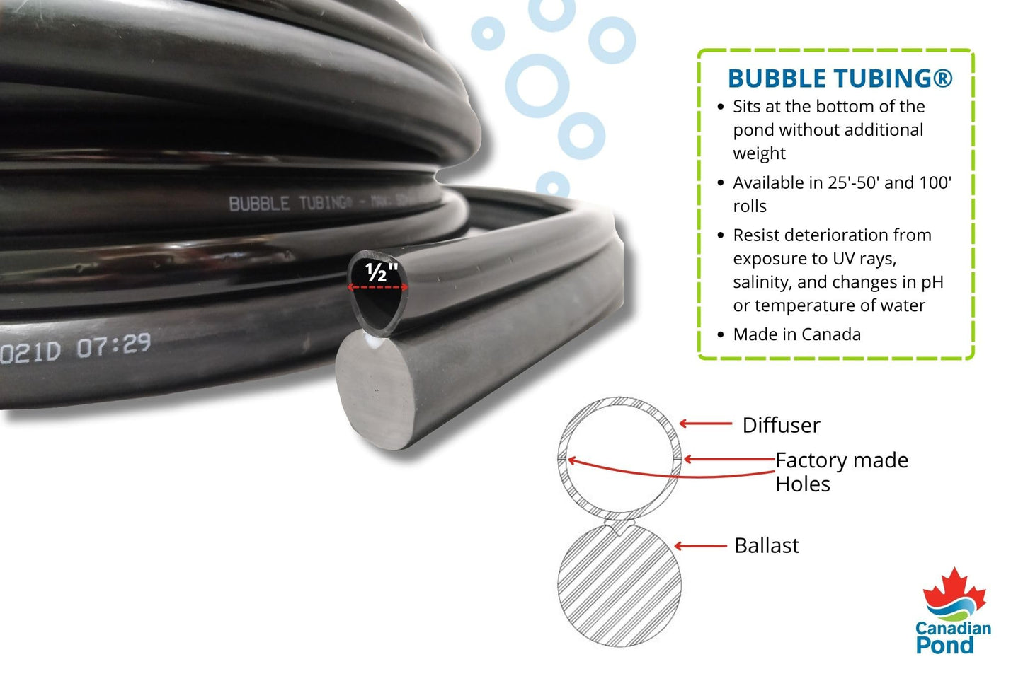 BUBBLE TUBING (½ in – Fine Bubble self-Sinking Diffuser Airline for Pond & Water Garden Aeration | High Oxygen Transfer, aerates and de-ICES Ponds, Easy Installation (50')