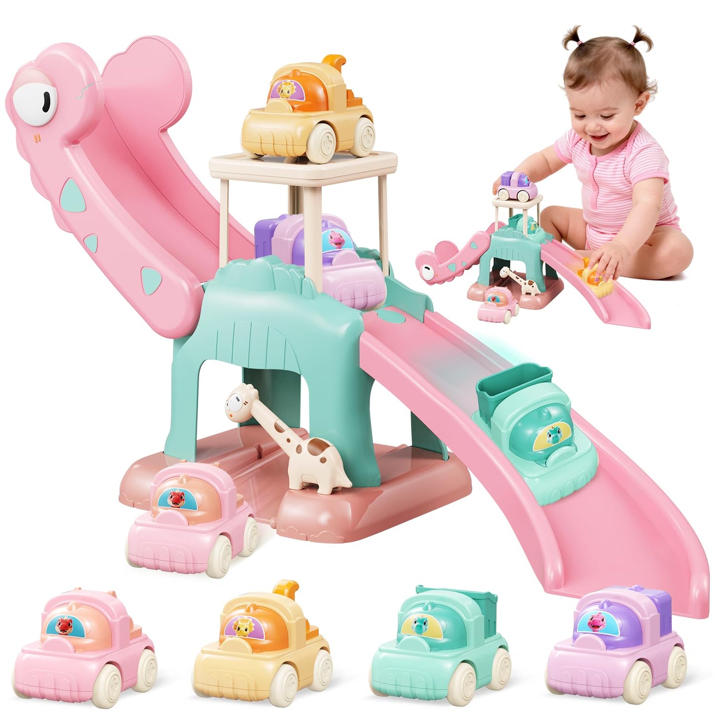 CRATIVWOOD Dinosaur Car Ramp Slide Toy for Toddlers — 4 Push Cars with Race Track, Baby Slide Indoor Toy, Montessori Learning Birthday Gift for Boys Girls 1 2 3 Year Old (Pink)