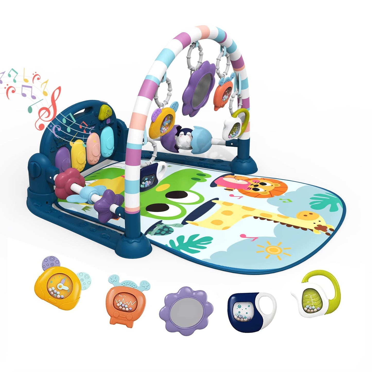 dearlomum Baby Play Mat Gym, Funny Play Piano Tummy Time Activity Mat with 5 Infant Sensory Toys, Music and Lights, Boy & Girl Gifts for Newborns 0 to 3 6 9 12 Months（New Blue）
