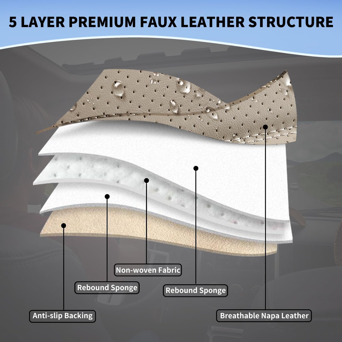 hoozoom Leather Car Seat Covers Full Set Breathable Automotive Seat Covers Waterproof Seat Protectors Universal Fit for Most Automotive Cars SUV Trucks(Beige, Full Set)