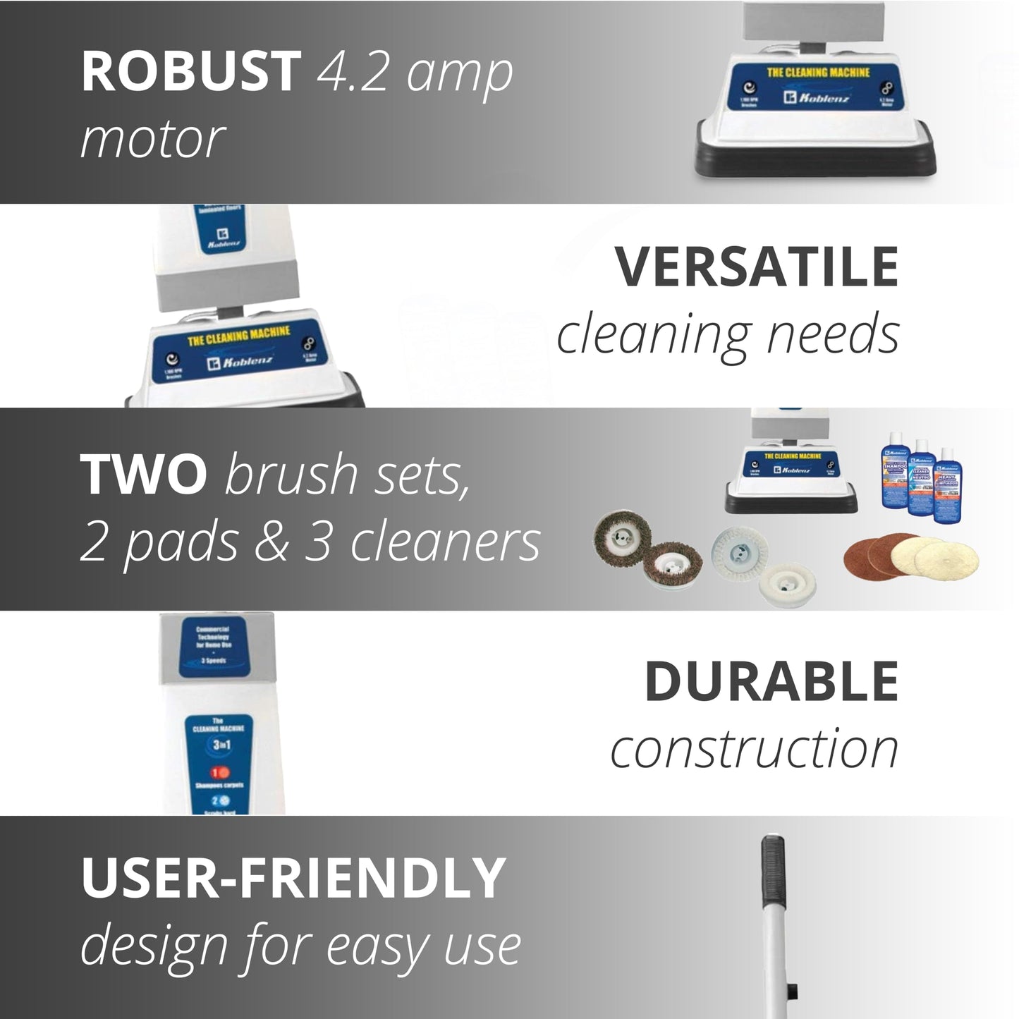 Koblenz Floor Shampooer and Polisher, Hard Floor Cleaner, Carpet Cleaning Machine with Scrubbing Brushes, Polishing Pads, and Carpet Shampoo, 3 Speeds, Blue/Gray (P-820 BA)