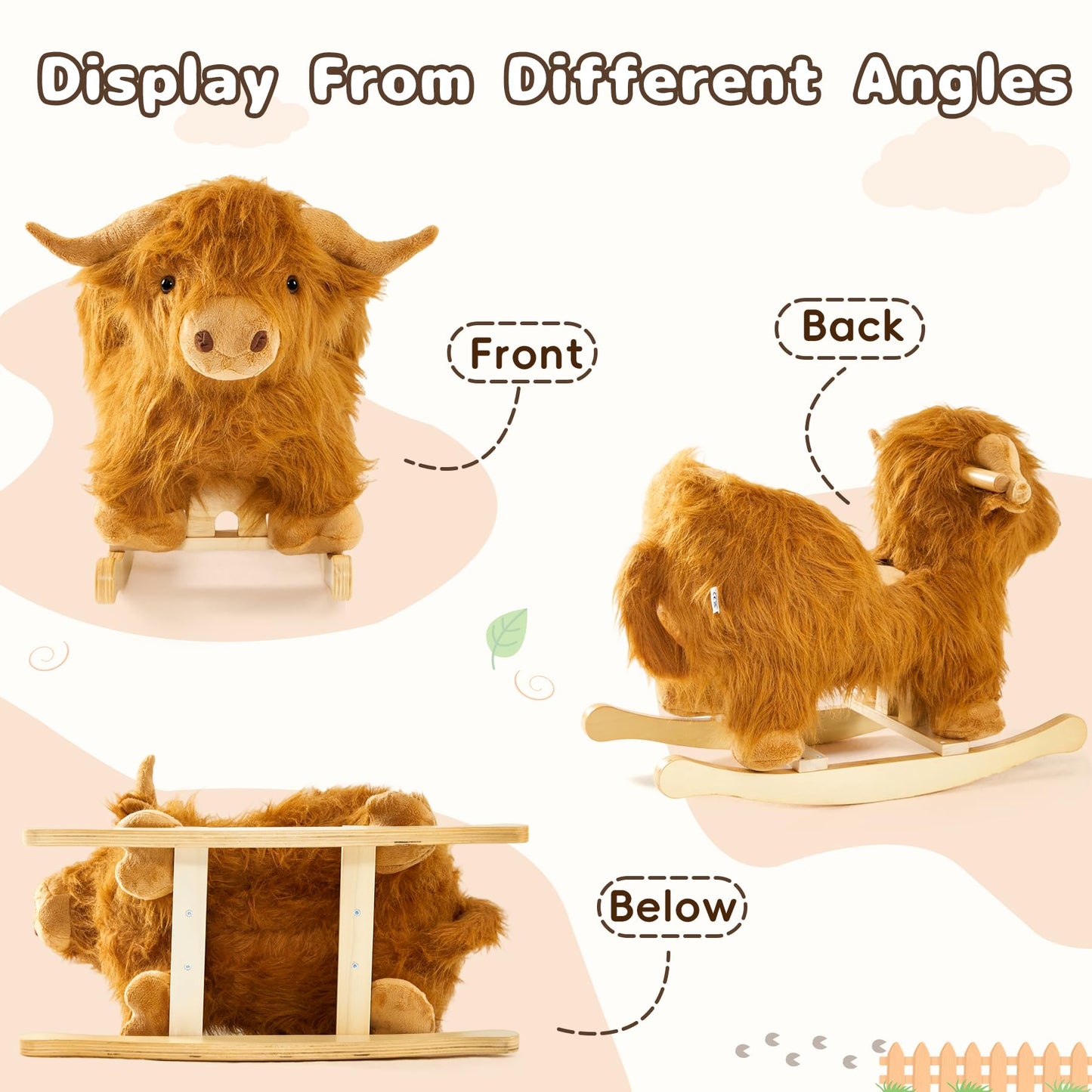 Baby Rocking Horse,Highlander Cattle Wooden Rocking Horse for Toddlers 1 Year Old Cute Cow Stuffed Plush Ride-on Toy Rocking Animal for Baby Boys and Girls Nursery/Child Christmas or Birthday Gift