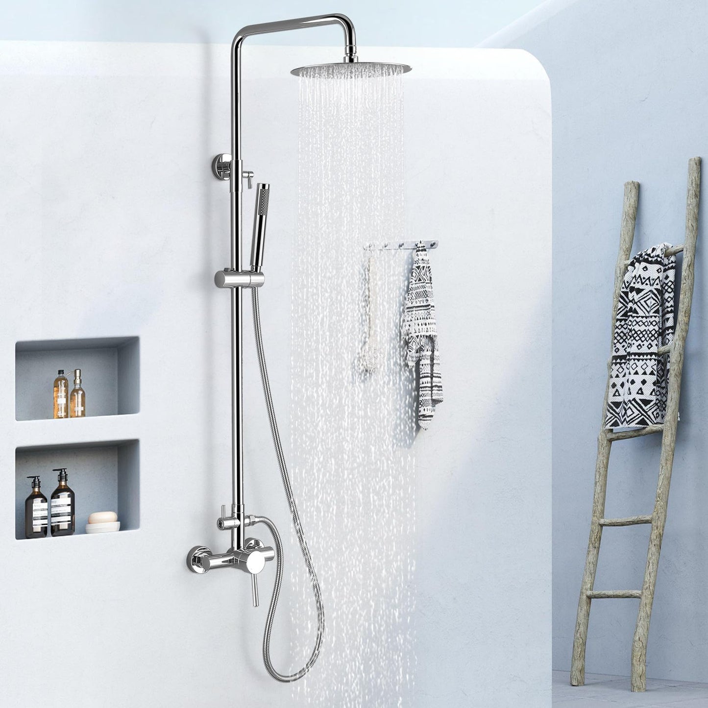 RBROHANT Outdoor Shower, Wall Mount Outdoor Shower Kit, Outside Shower Faucet with Height Adjustable Rain Shower and Handheld, Exposed Shower System for Pool, Wall Mounted, Polished Chrome, JK0146