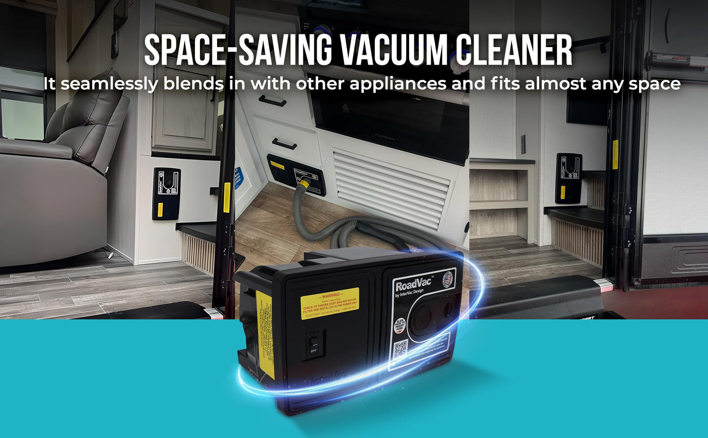 RoadVac Z1-CS-8-CORD RV Central Vacuum System | Wall-Mounted Built-in Vacuum for RVs, Boats & Tiny Homes | Compact Central Vacuum with 35′ Stretch Hose & Tool Kit