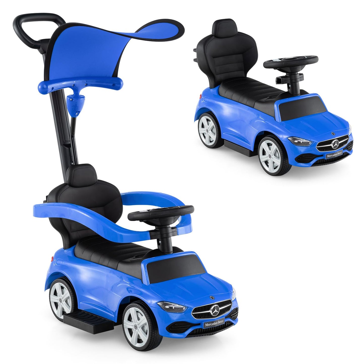 Licensed Mercedes Benz Push Car for Toddlers by INFANS, 3 in 1 Sliding Walking Car with Push Handle, Horn, Music, Underneath Storage, Foot-to-Floor Ride on Toys for Boys Girls, Blue