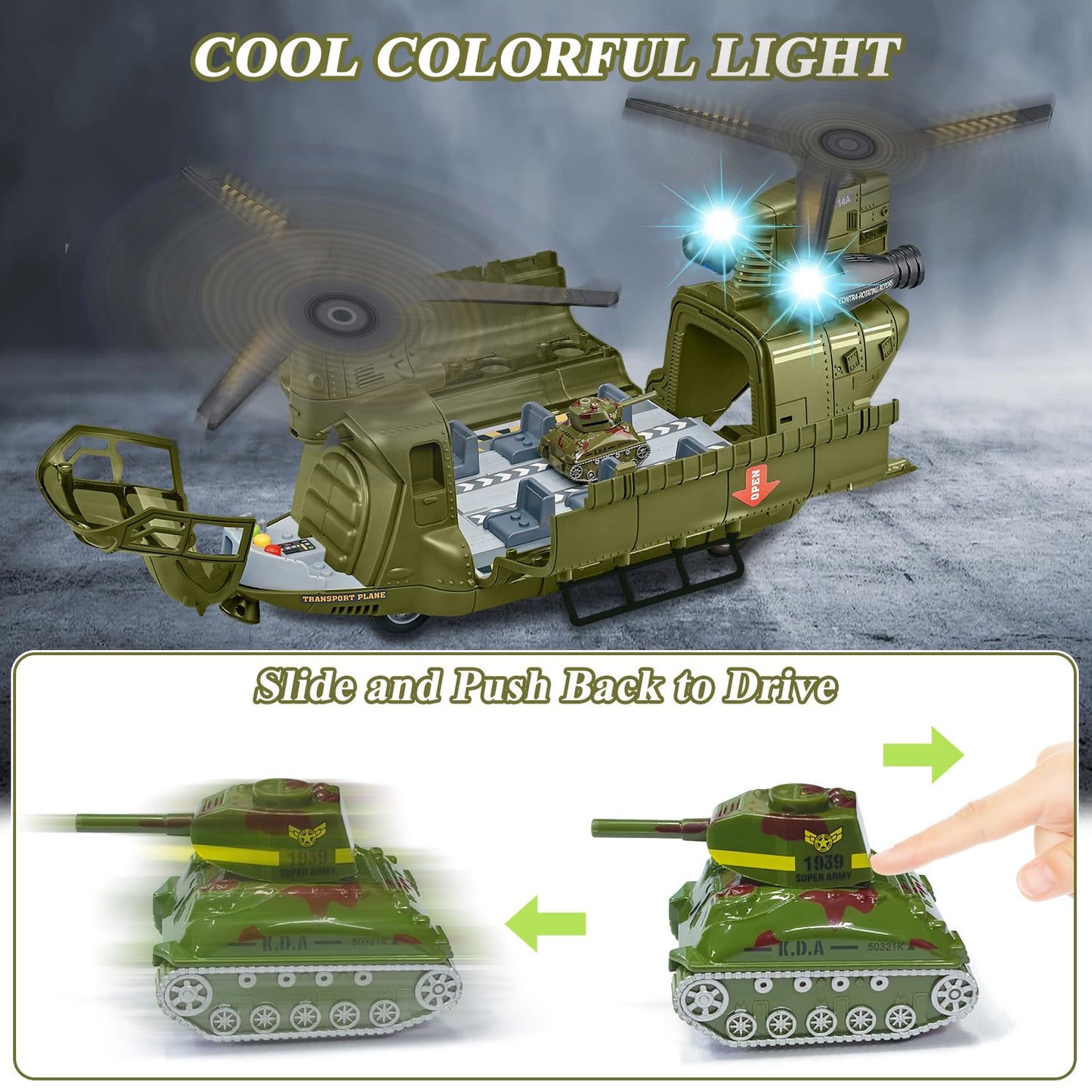 Yiwsnust Military Helicopter Toys Set with Light - Friction Powered Transport Helicopter Toy with Army Tanks, Airplanes, Mini Cars - Army Toys Military Playset Christmas Birthday Party Gifts for Kids