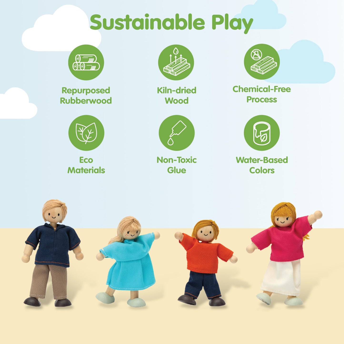 PlanToys® Family Wooden Dollhouse Figurine Set | 4 Poseable 1:12 Scale Mini Dolls (Parents & Kids) | Dollhouse Accessories for Pretend Play | Eco-Friendly Montessori Toy for Kids Ages 3+