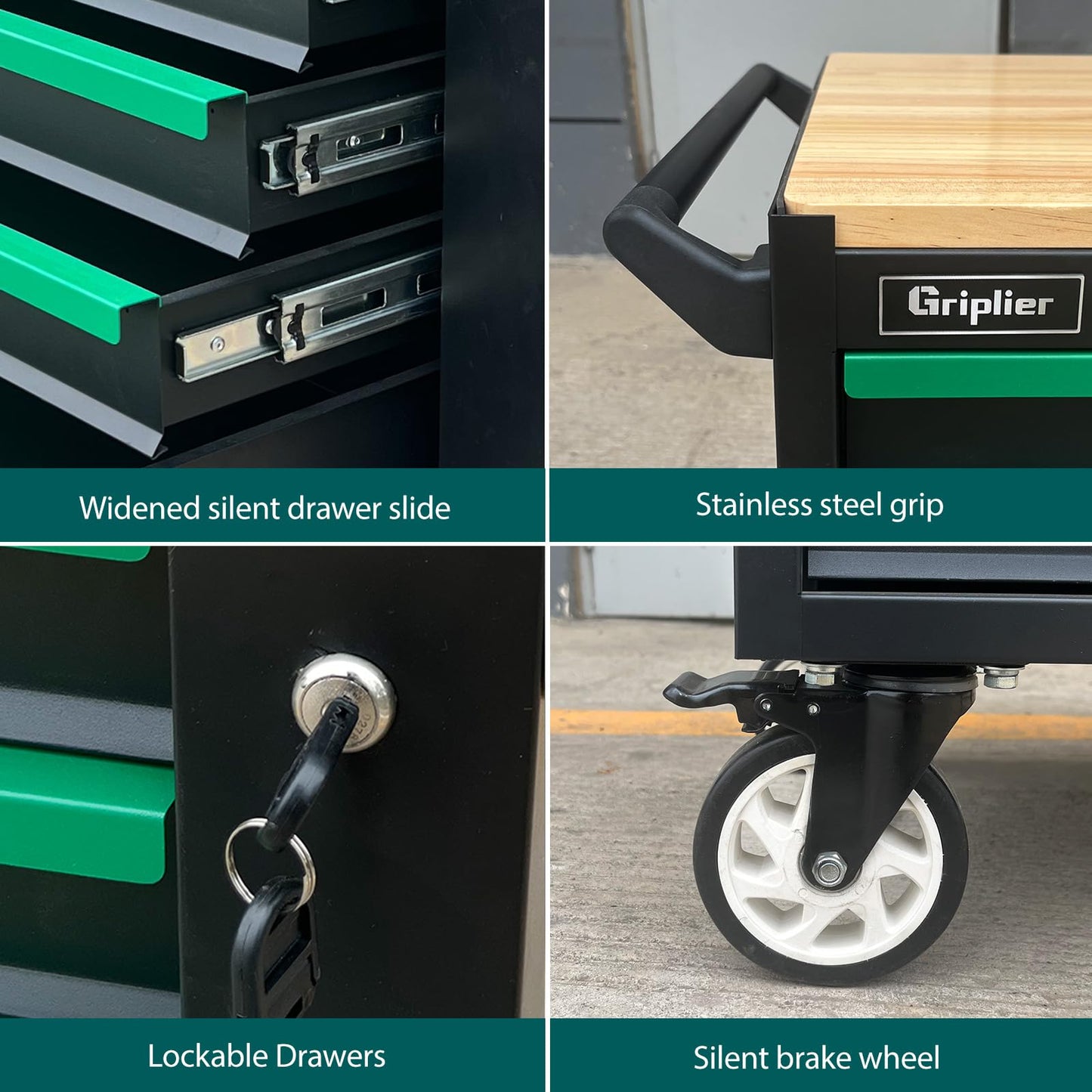 Griplier 7-Drawer Tool Chest with Wood Top, 31.3W x 18.9D x 32.3H inches, Black and Green，Locking Rolling Tool Box with Wheels,Mechanic Tool Cabinets for Garage, Warehouse,Repair Shop,Workshop