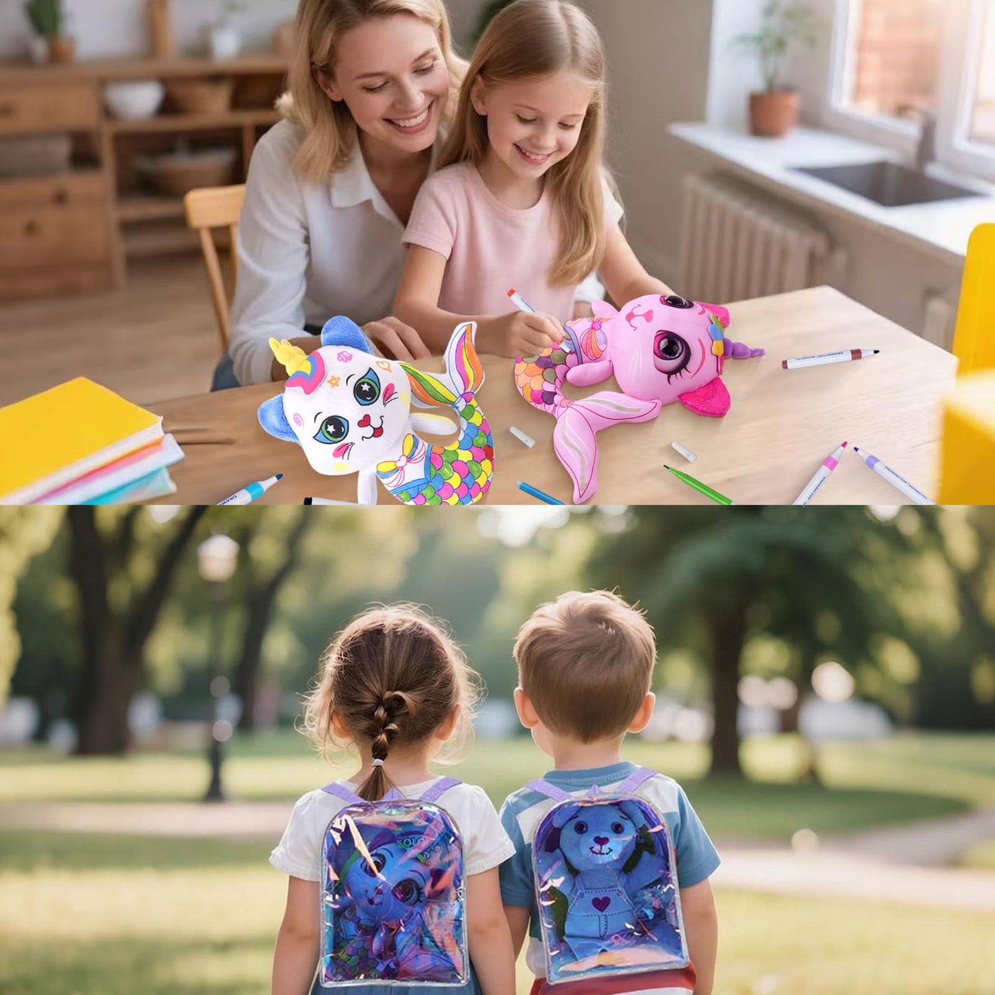 Stuffed Animal Coloring Plush Toy with 20 Washable Markers Laser Holographic Backpack Road Trip Car Game Writing Painting Set for Girls Doodle Dolls Kids Ages 3-6 Birthday(Pink Cat Mermaidr)