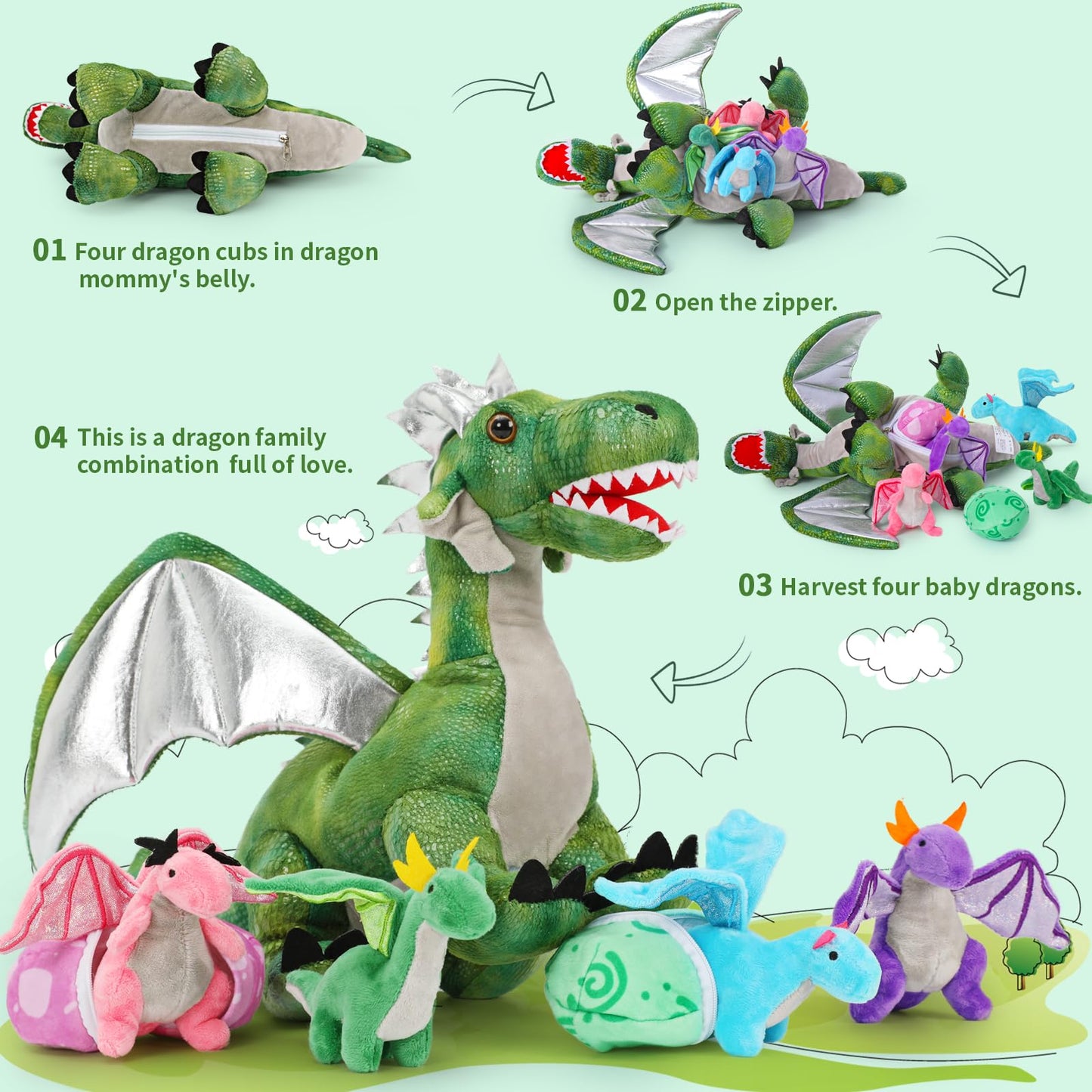 Karister 7Pcs Giant Green Dragon Plush Toy Set, 21.7" Big Mother Dragon Stuffed Animal with 4 Babies & 2 Eggs, Stuffed Dinosaurs for Kids Boys Girls, Cute Soft Plushies Gift for Birthday Christmas