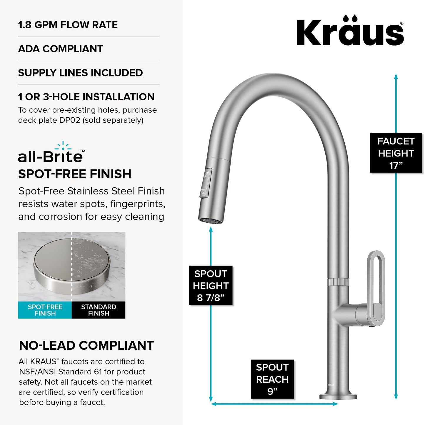 KRAUS Vetra 2-Function Single Handle Pull Down Kitchen Faucet in Spot-Free Stainless Steel, KPF-2850SFS
