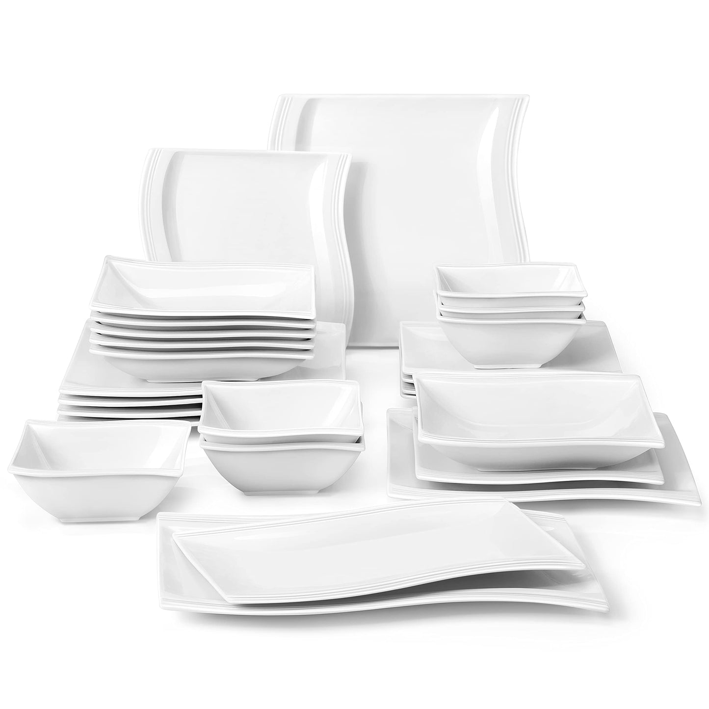 MALACASA Plates and Bowls Sets, 26 Pieces Ivory White Porcelain Dinnerware Sets without Mugs, Square Dinnerware with Dinner Plates, Bowls and Serving Platters, Modern Dish Set for 6, Series Flora