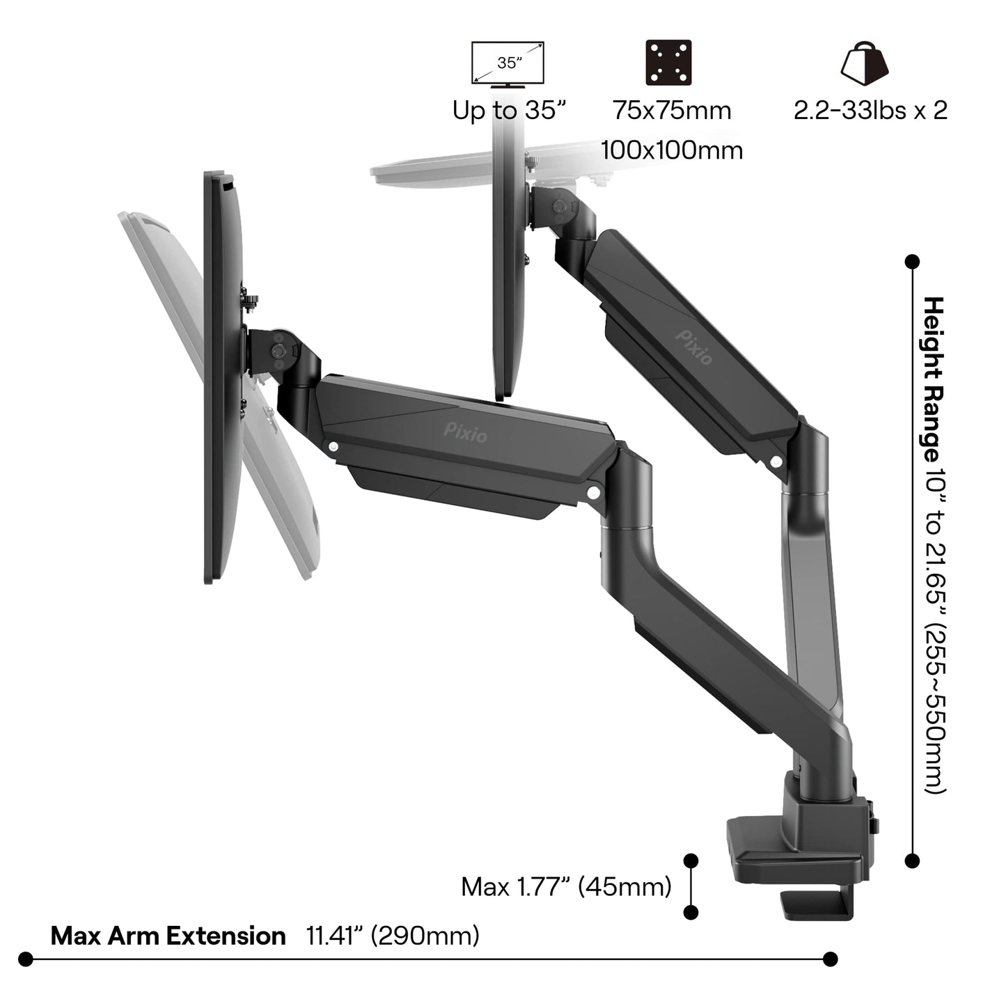 Pixio PS2D Ultrawide Heavy-Duty Premium Dual Monitor Arm Stand Desk Mount - Fits up to 35 inches Two Monitors, Weights up to 33 lbs Each, Height Adjustable, Compatible with VESA 75x75mm 100x100mm