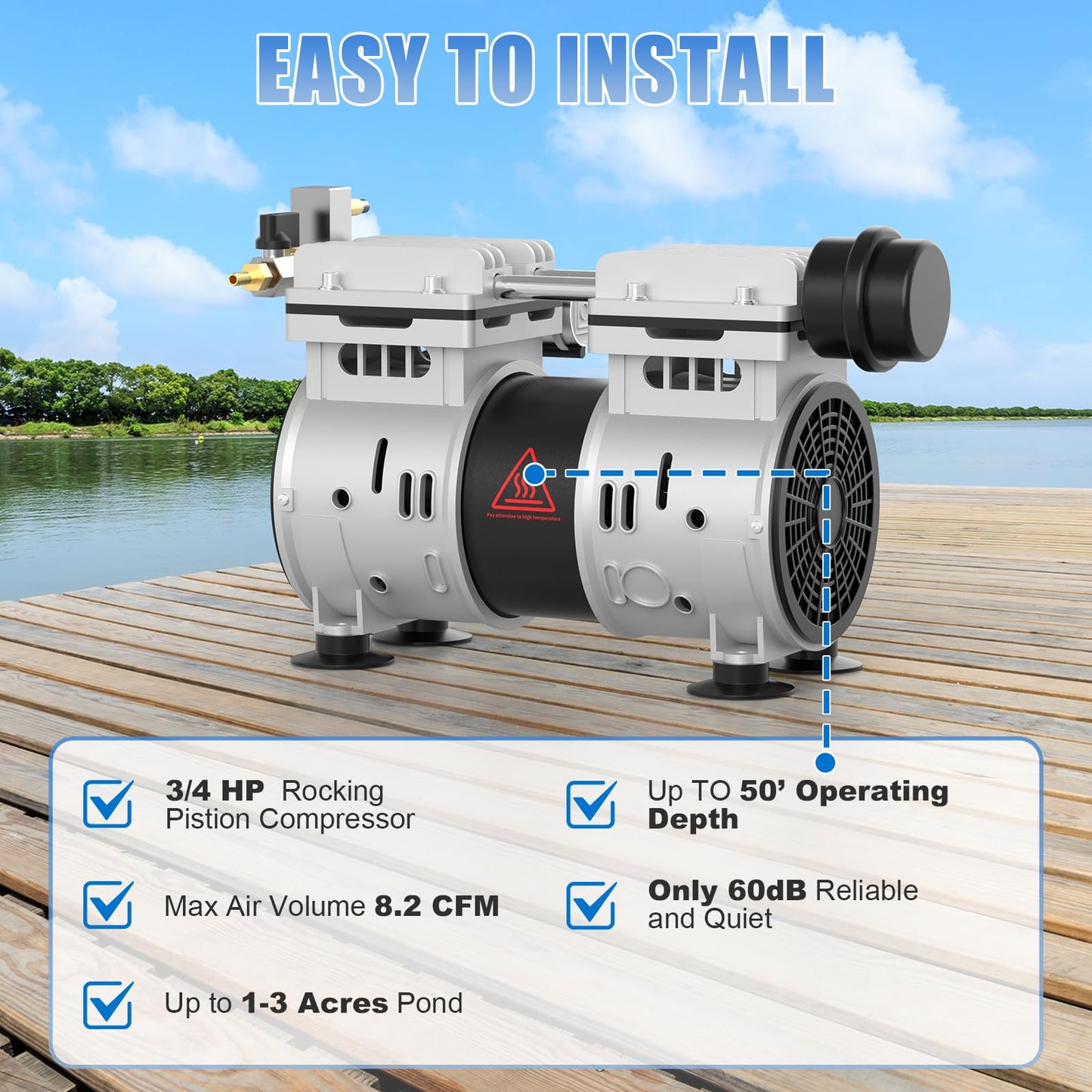 AZZUNOX 8.2CFM Pond & Lake Aeration System for Up to 3 Acre 50' Lakeï¼Includes 3/4 HP Compressor, Air Compressor for Deep Water Oxygen Circulation (No Diffuser No Tubing)