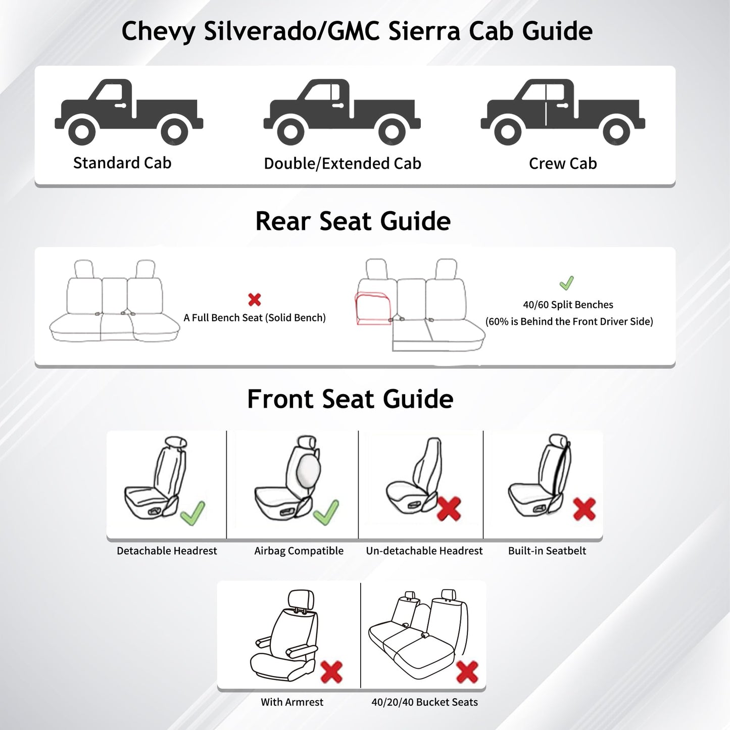 Huidasource Leather Seat Covers Custom Fit for Truck Chevy Silverado GMC Sierra 1500 2007-2013&2019-2025, 2500HD 3500HD 2020-2025 Crew Double Extended Cab Seat Cushion Protector (Full Set/Black&Red)