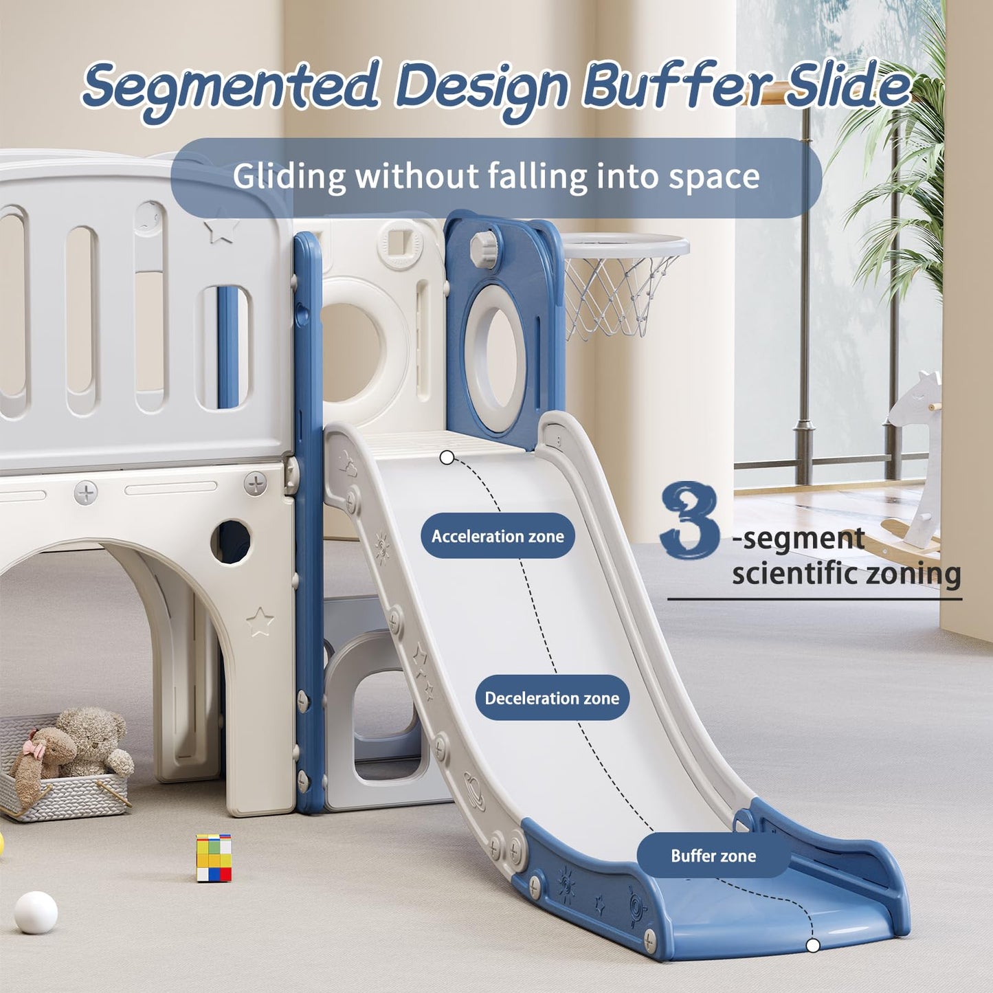 YUYUE 8 in 1 Toddler Slide for Toddlers Age 1-3, Extra-Long Slide with Basketball Hoop Indoor and Outdoor Baby Climber Playset Playground Freestanding Slide