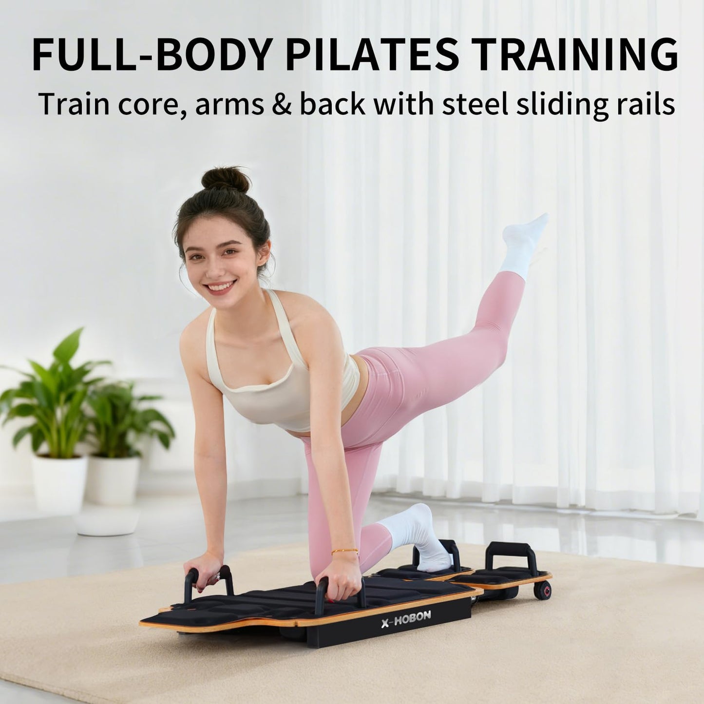 X-HOBON Home Pilates Board Reformer, Pilates Reformer / Gliding Board, Slide Design, Maple & High Strength Steel Rails, Adjustable Resistance Bands, PU Wheels, Quick Assembly (Black)