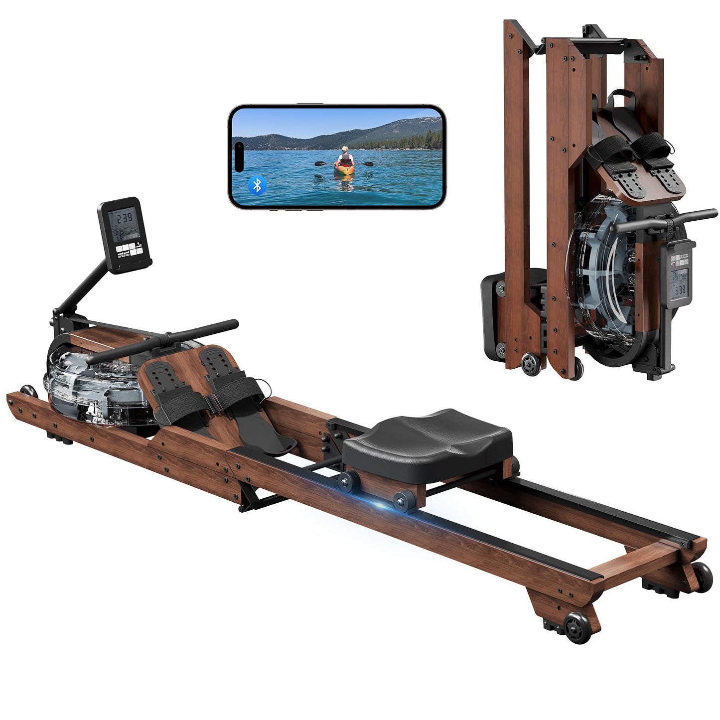 Dripex Rowing Machines for Home Foldable, Water Rowing Machine Max 350 LBS, Water Rower with Smooth Slide Rail, Comfortable Seat, Bluetooth App Supported, LCD Monitor, Wooden Row Machine for Home Gym