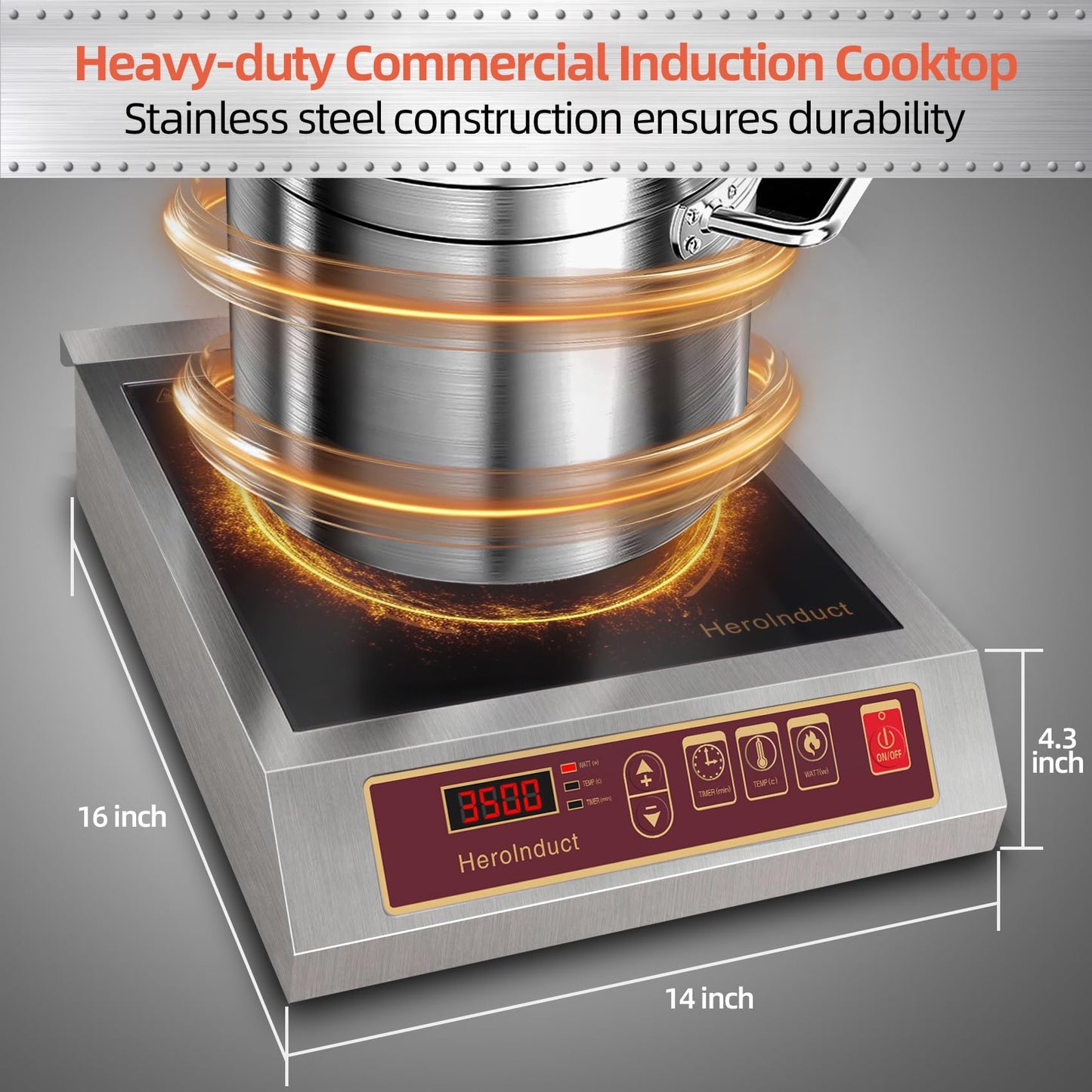 HeroInduct Portable Induction Cooktop 208-240V 3500W Commercial Range Countertop Burner Dual IGBT Modules 8 Heating Level Timer Sensor Push-Button Premium Stainless Steel Housing Ceramic Glass（Red）