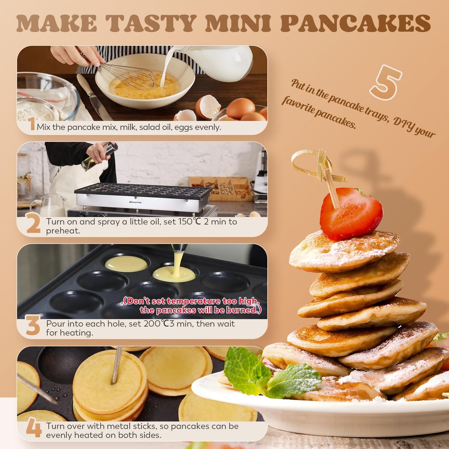 Moongiantgo Mini Dutch Pancake Maker 50PCS, Commercial Non-stick Pancake Baker Machine 50-300℃ Temp and 0-5 Time Control Electric Muffin Maker Stainless Steel for Home and Restaurants, 110V