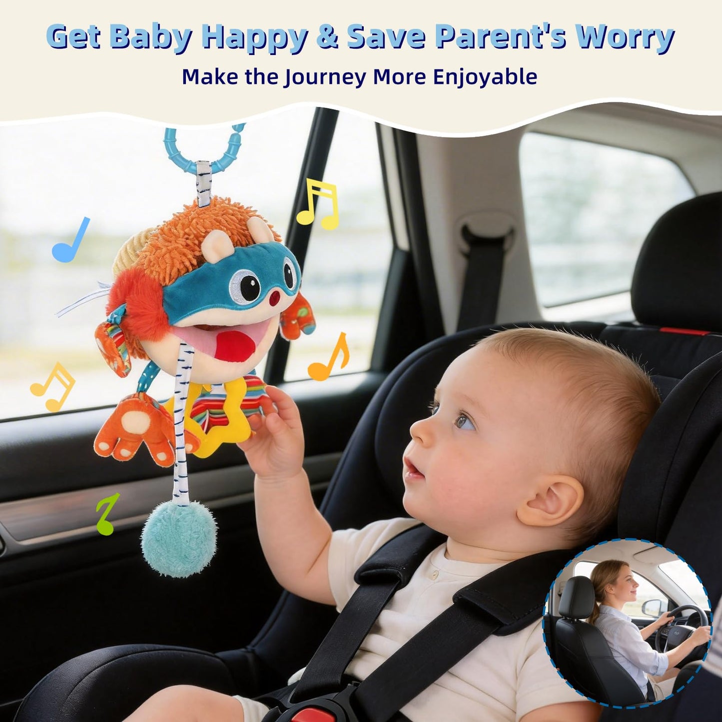 Baby Car Seat Toys Hanging- Sensory Ball Travel Toys for 6 7 8 9 10 11 12 Monthes with Rattle, Teether, Squeaky, Crinkle,Textures, Soft Montessori Plush Toys Newborn Gift Boys Girls Infant Roadtrip