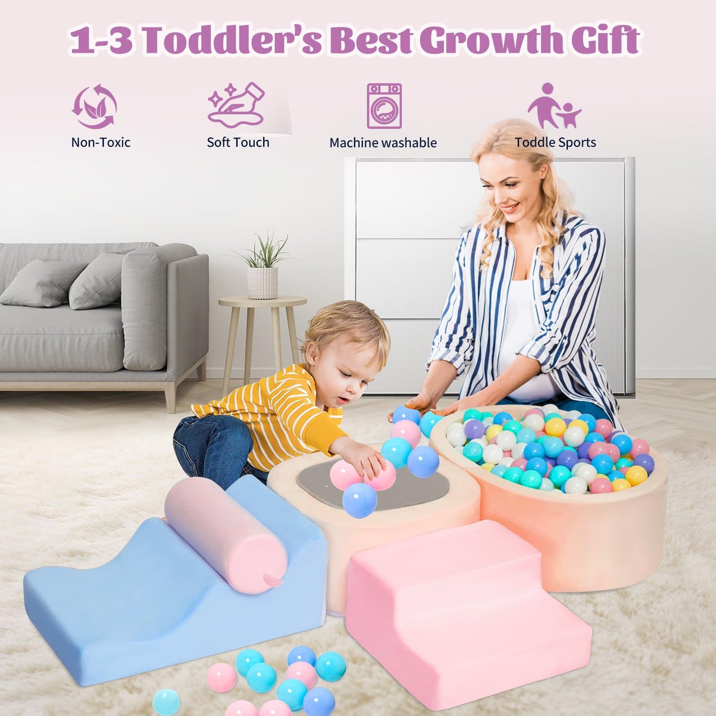 MIND&ACTION 6-Piece Toddler Climbing Toys Indoor, Climbing Toys for 1 Year Old, Soft Play Set Baby Foam Blocks for Toddler 1-3 (Ball Not Included)