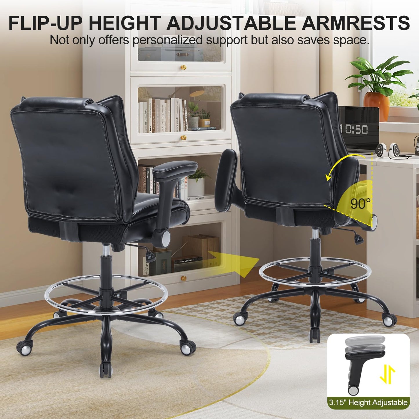 OLYFING Drafting Chair, Tall Office Chair with Padded Adjustable Arms and Footring PU Leather Standing Desk Chair with Extra Thicken Seat Cushion, Comfy High Office Chair for Counter Height Desk