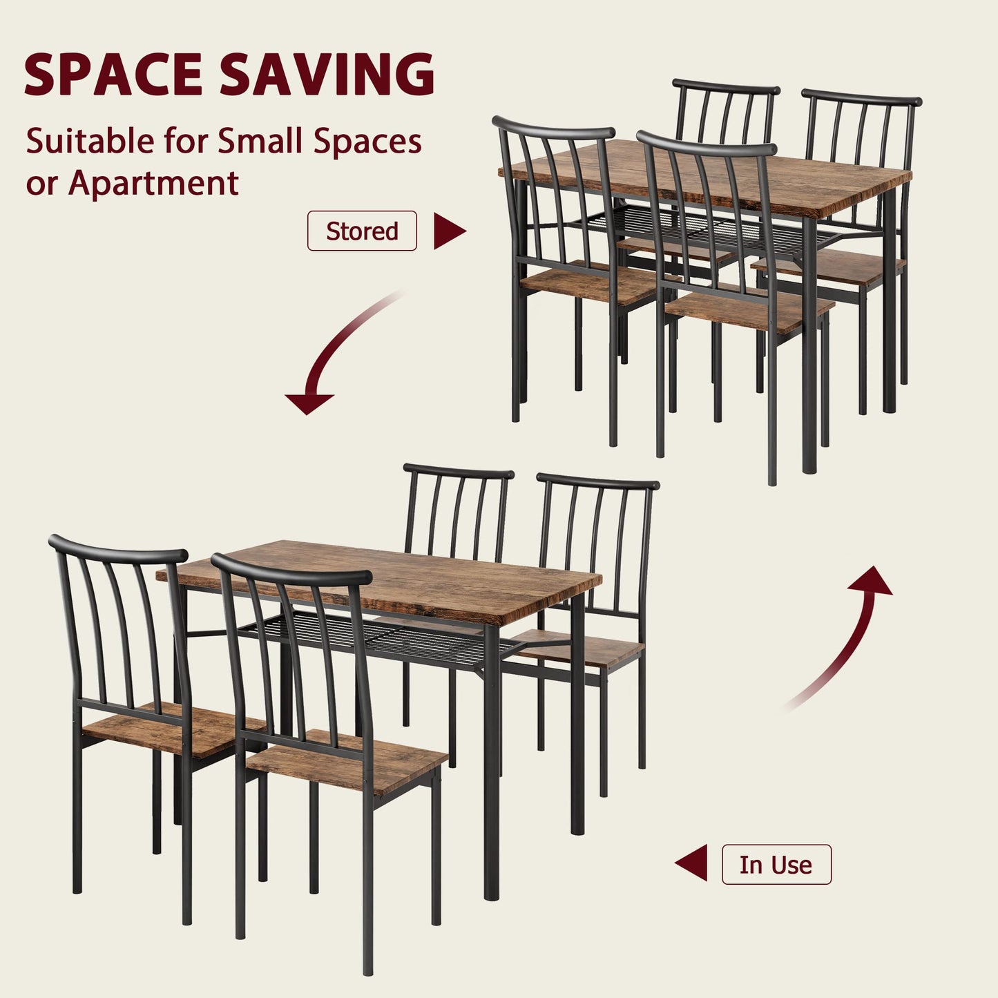 Garvee Farmhouse 5-Piece Dining Table Set for 4, Rectangular Kitchen Table with 4 Chairs, Wood Dining Set with Storage Shelf for Dining Room, Kitchen, and Small Spaces, Brown