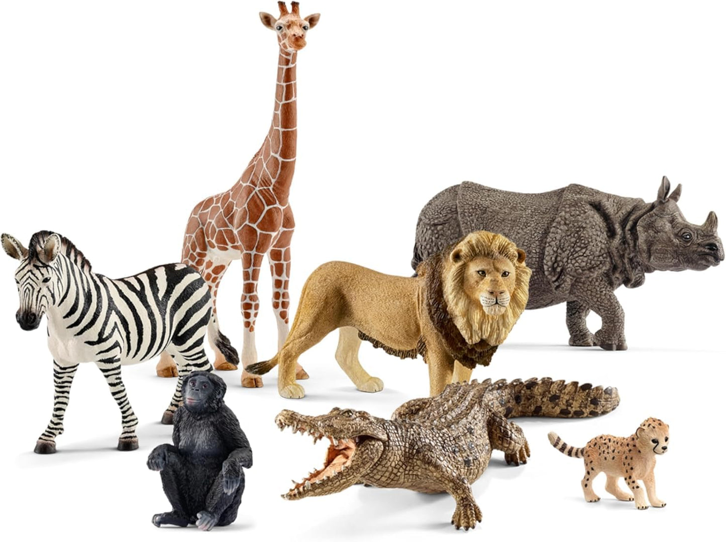 Schleich Wild Life - 7PC Savannah Animal Toy Bundle - Safari Toy Set with Rhino, Crocodile, Cheetah Cub, Monkey, Elephant, Zebra, Giraffe, Lion Figurines - Educational Play for Kids 3+ | 77587