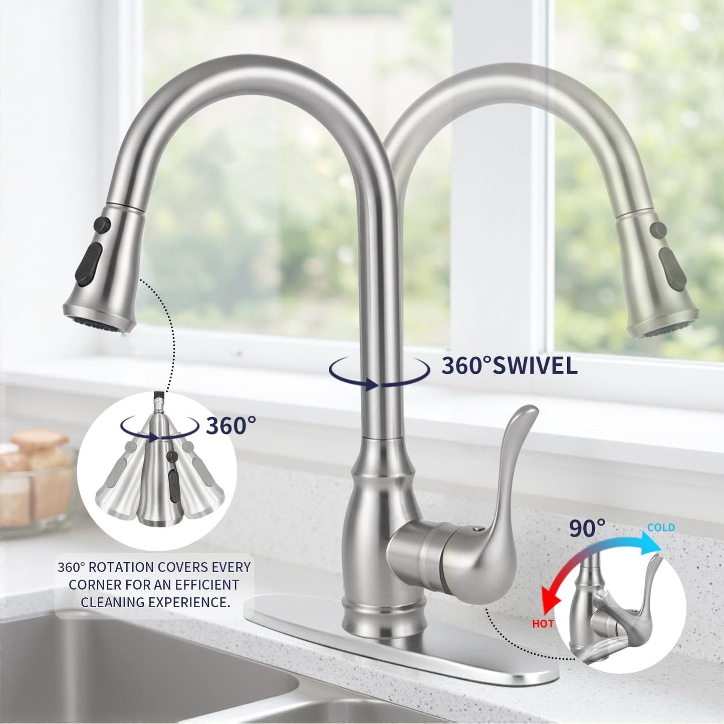 Kitchen Sink Faucet with Pull Down Sprayer, High Arc Single Handle Kitchen Faucet 2-Function 360° Swivel Stainless Steel Sink Faucet with Deck Plate - Matte Black