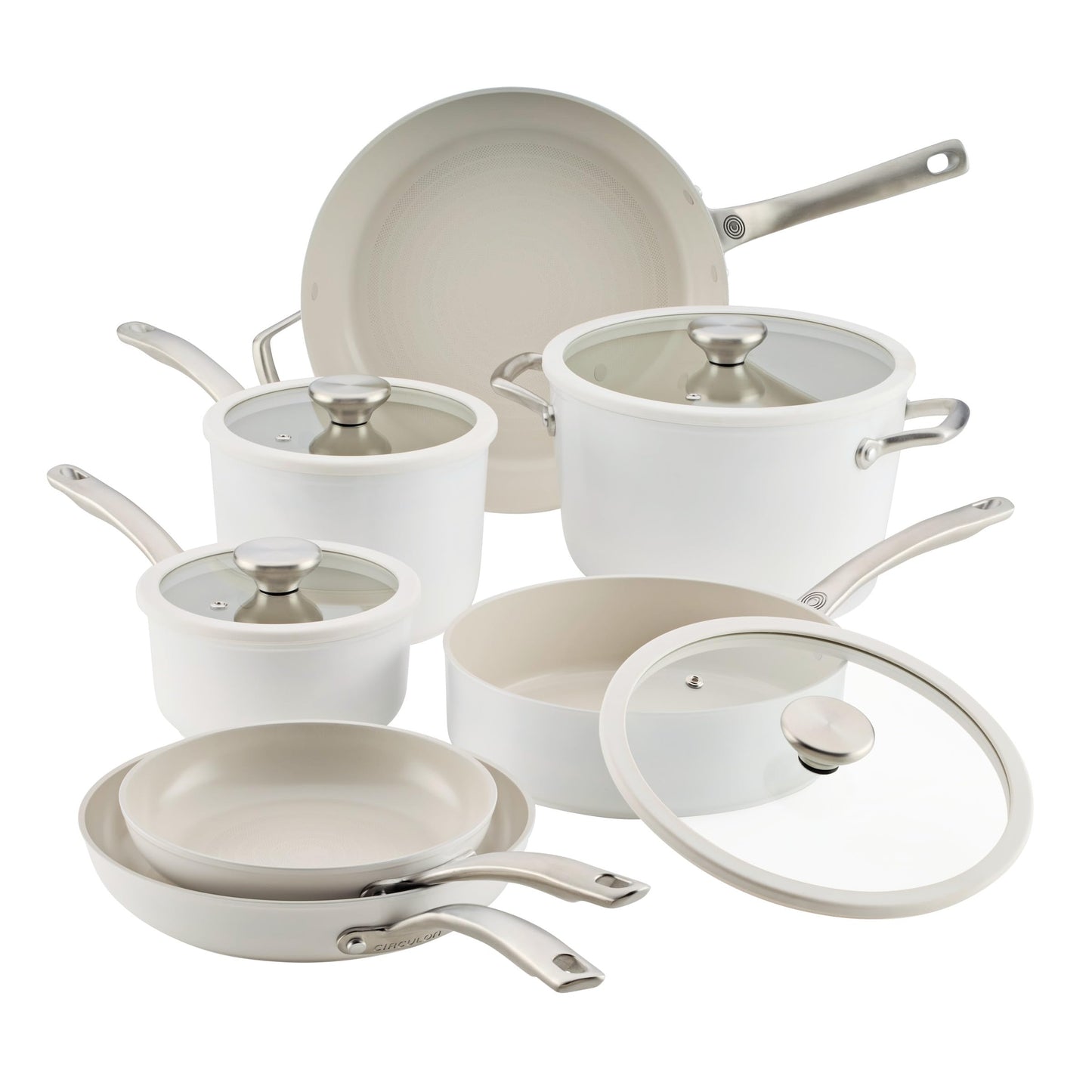 Circulon Halo with LaserDefense Ceramic Nonstick Pots and Pans with Lids, Compatible with All Stovetops, Made without PFAS, Dishwasher and Oven Safe, 11 Piece Cookware Set - Pearl White