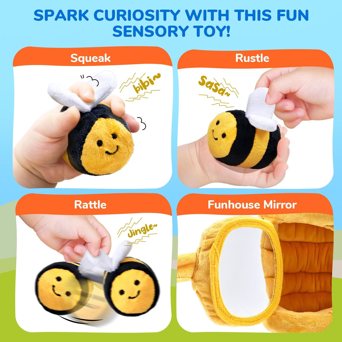 JoyCat Farm Animal Busy Book+ Soft Baby Beehive with 5 Soft Sensory Bees - Honeybee Plush Toy for 0-12 Months - Rattle, Crinkle Paper, Squeaker, Mirror, Busy Toy for Babies 6-12 Months, 0-3 Years Old